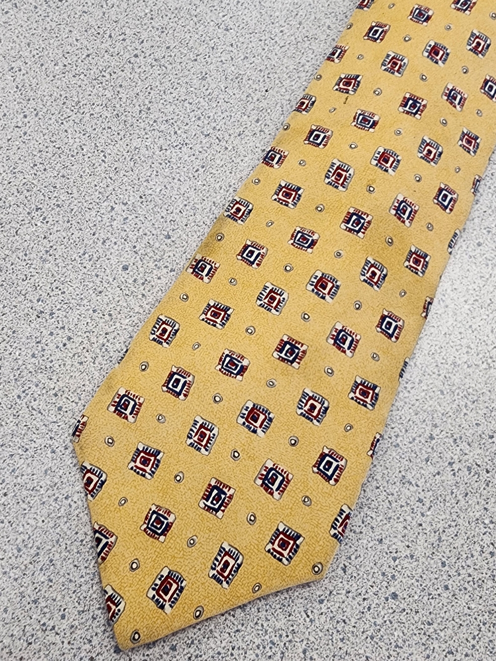 Vintage Chaps Ralph Lauren Yellow Geometric Mosaic Silk Necktie 90s Preppy